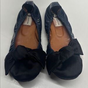Lanvin Ballet Flats Ballerina Slip On Shoes Patent Leather Bow Blue Black Size 8
